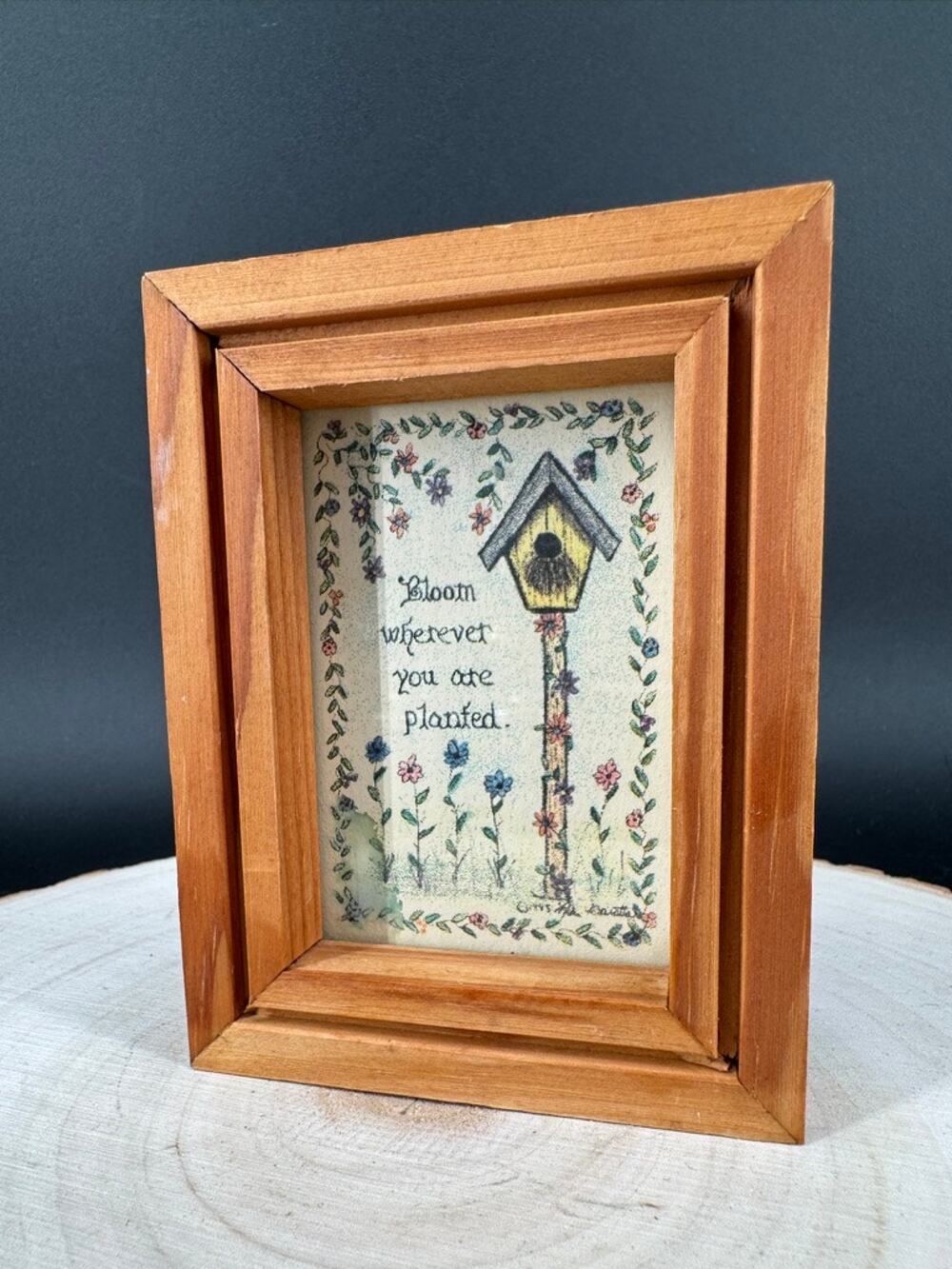 Mini Bloom Where You Are Planted Framed 1995 Birdhouse Print 3.5x4.5 Folk Art